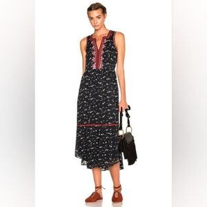 Ulla Johnson Dress 10 Navy Silk Maxi Leena Pocket Lined Tassel Lightweight Boho